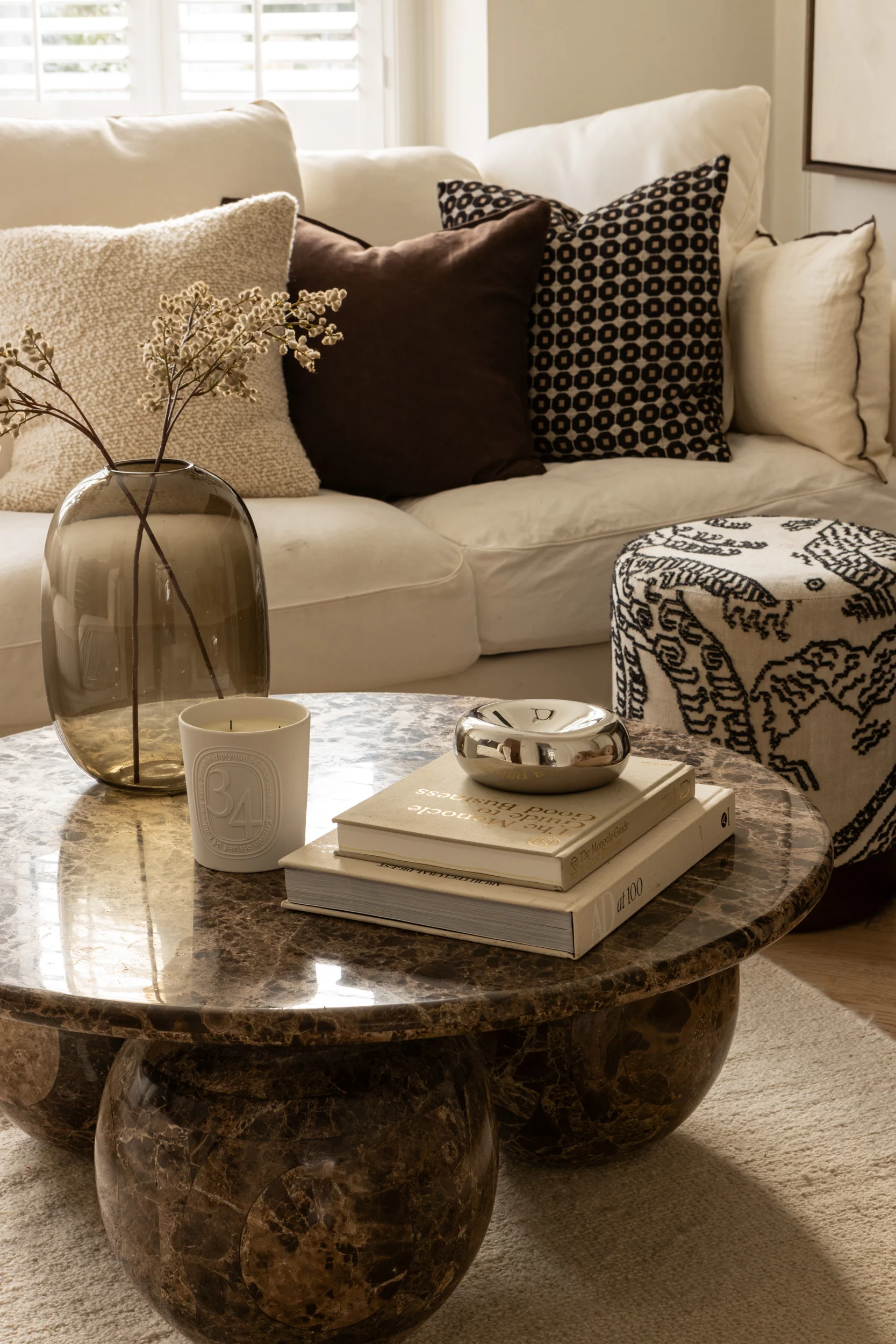 Velvet Pouffe with Walnut Plinth - Tiger Mountain - Image 3