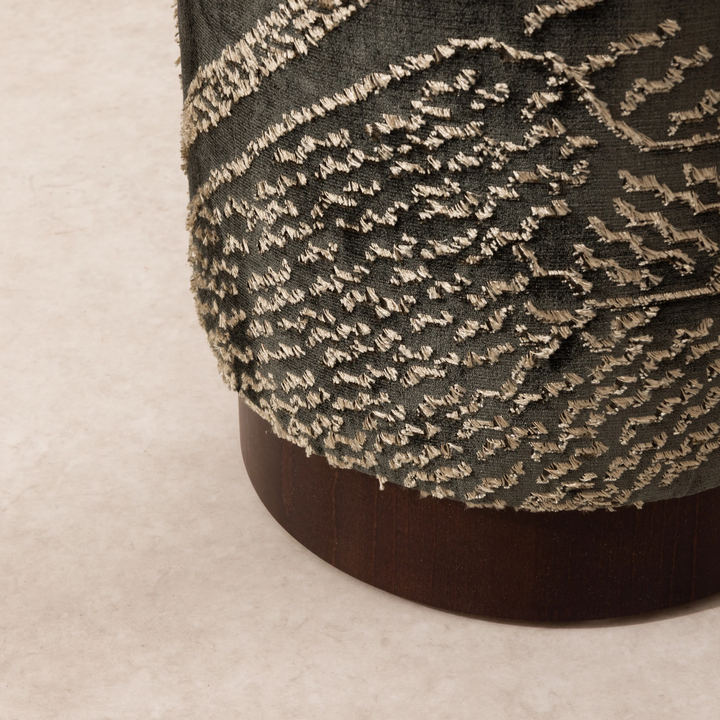 Velvet Pouffe with Walnut Plinth - Tiger Mountain - Image 5