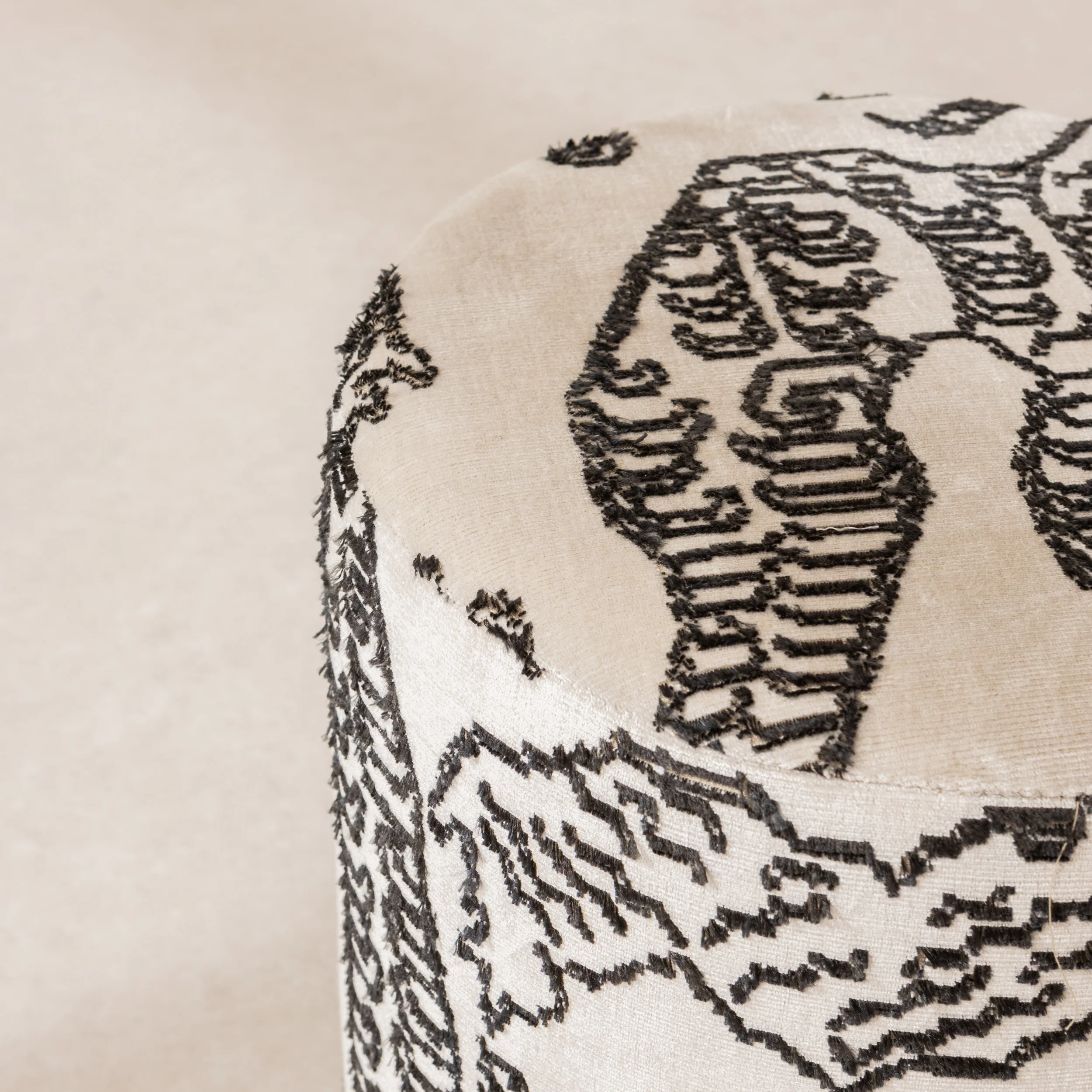 Velvet Pouffe with Walnut Plinth - Tiger Mountain - Image 6